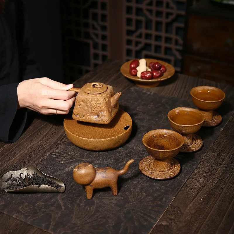 

Sauce Glaze Old Rock Clay Pottery Porcelain Teapot Tea Cup Pitcher Pot Tray Chinese Retro Simple Home Kung Fu Tea Set