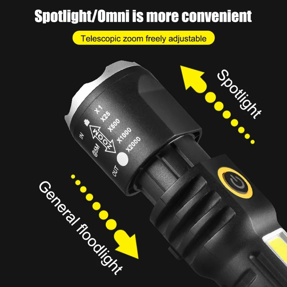 1 Pack Super Bright USB Fast Charging Flashlight with COB Side Lights Mini Portable LED Torch for Camping Hiking Fishing Patrol