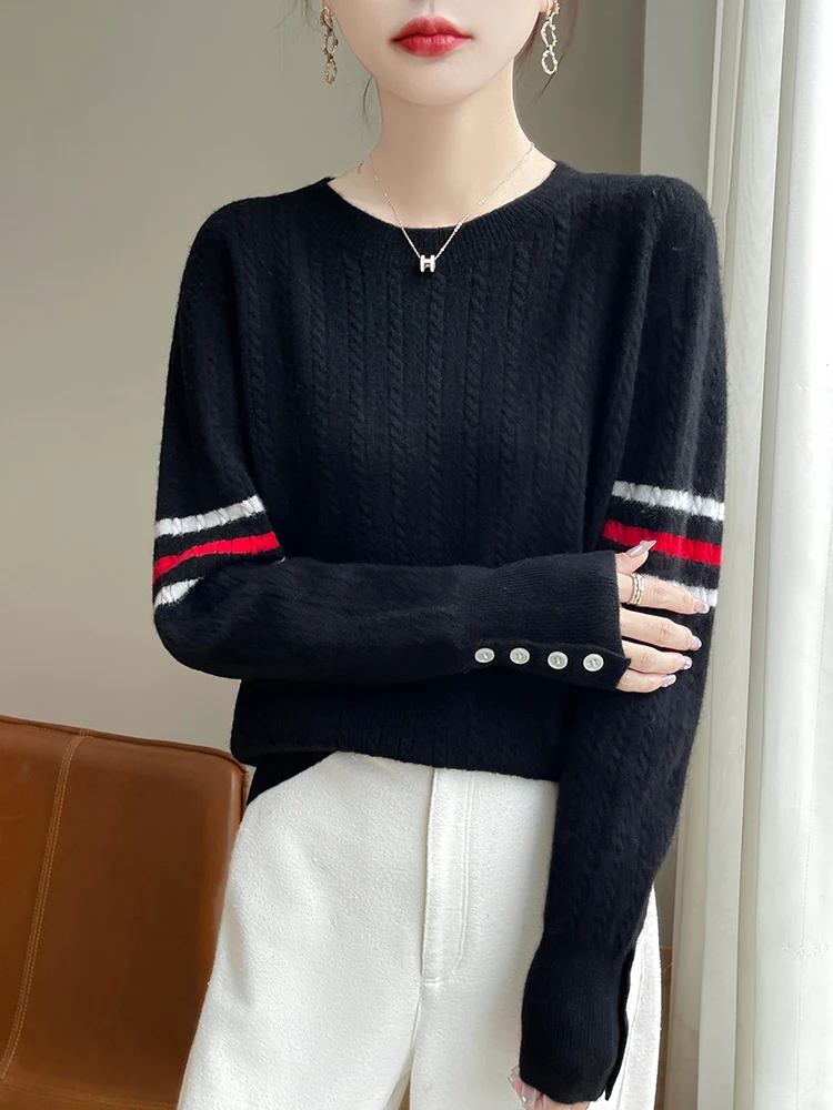 Autumn Winter New 100% Wool Sweater Women's Clothing Round Neck Knitted Pullover Casual Loose Long Sleeved Tops Korean Fashinon