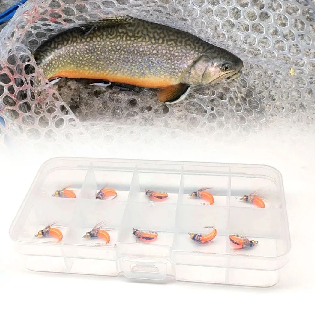 10 Stück-mit Fliegenbox Fliegenfischen Fliegen Künstlicher BeadHead Nymphe Orange Trockenfliegen Köder zum Angeln Forellen Nymphenköder – Detail 11