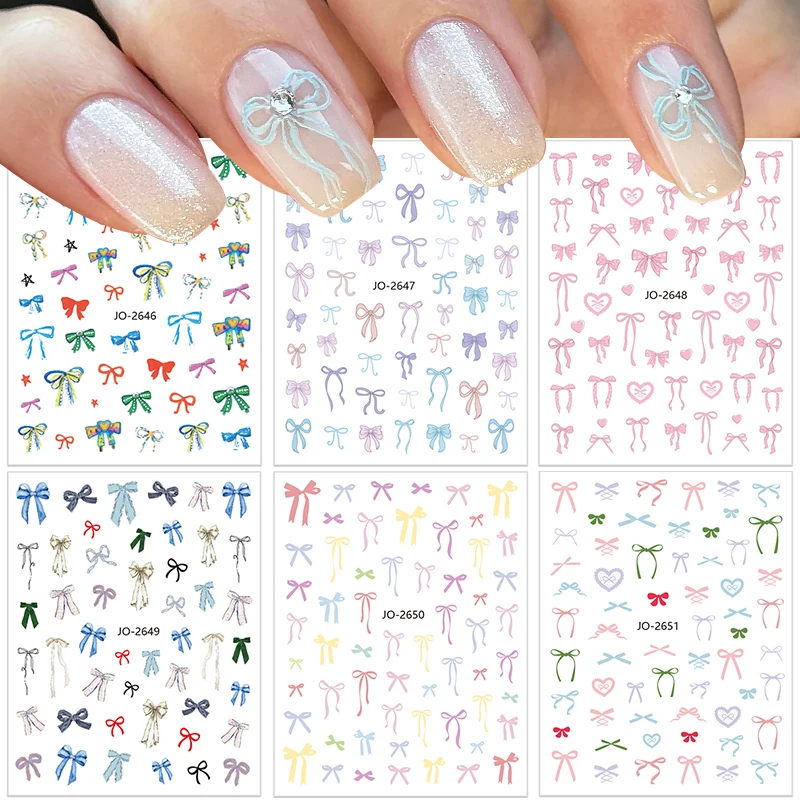 New 3D Fashion Nail Sticker Kawaii Pink White Long Ribbon Bowknot Self Adhesive Nail Art Stickers Decoration DIY Nail Decals