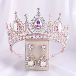 Baroque Rose Gold AB Color Rhinestone Crystal Queen Crown With Earrings Wedding Tiaras Women Beauty Pageant Diadem Hair Jewelry