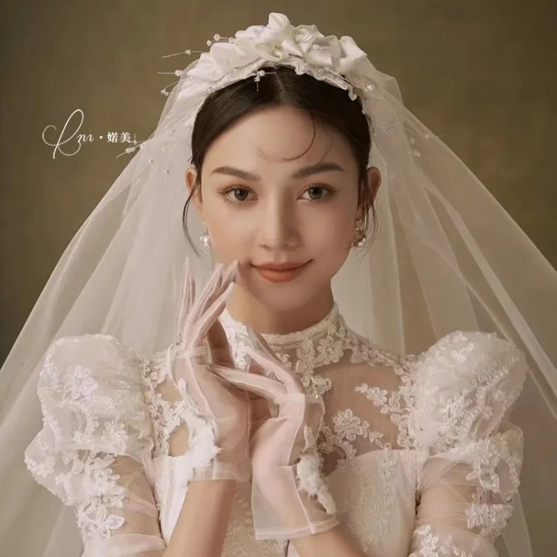

Bride Silk Tulle Face Covering Flower Hair Accessories Simple Elegant French Retro High-end Wedding Hair Accessories