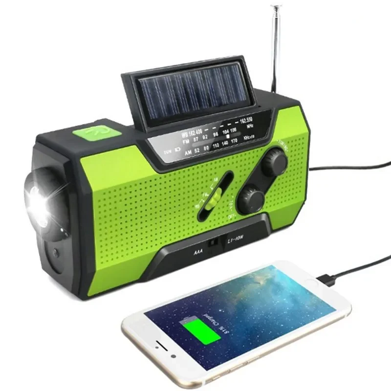 Solar Panels Hand Cranked FM AM NOAA Radio Portable Flashlight Table Lamp Mobile Phone USB Charger Power Bank Outdoor LED Light