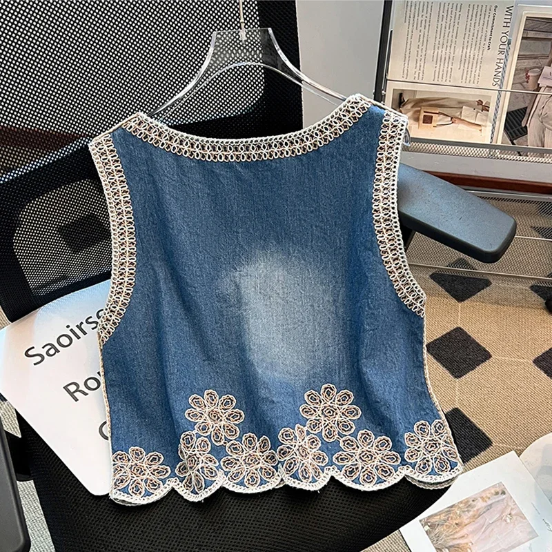 Embroidery denim jacket female spring and summer new fashion literary elegance ethnic wind thin section leisure vest cardigan