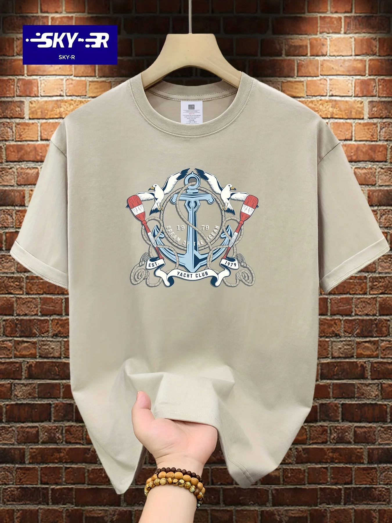 Summer 100% pure cotton men's fashionable casual loose retro sailing theme printed round neck short sleeved T-shirt versatile