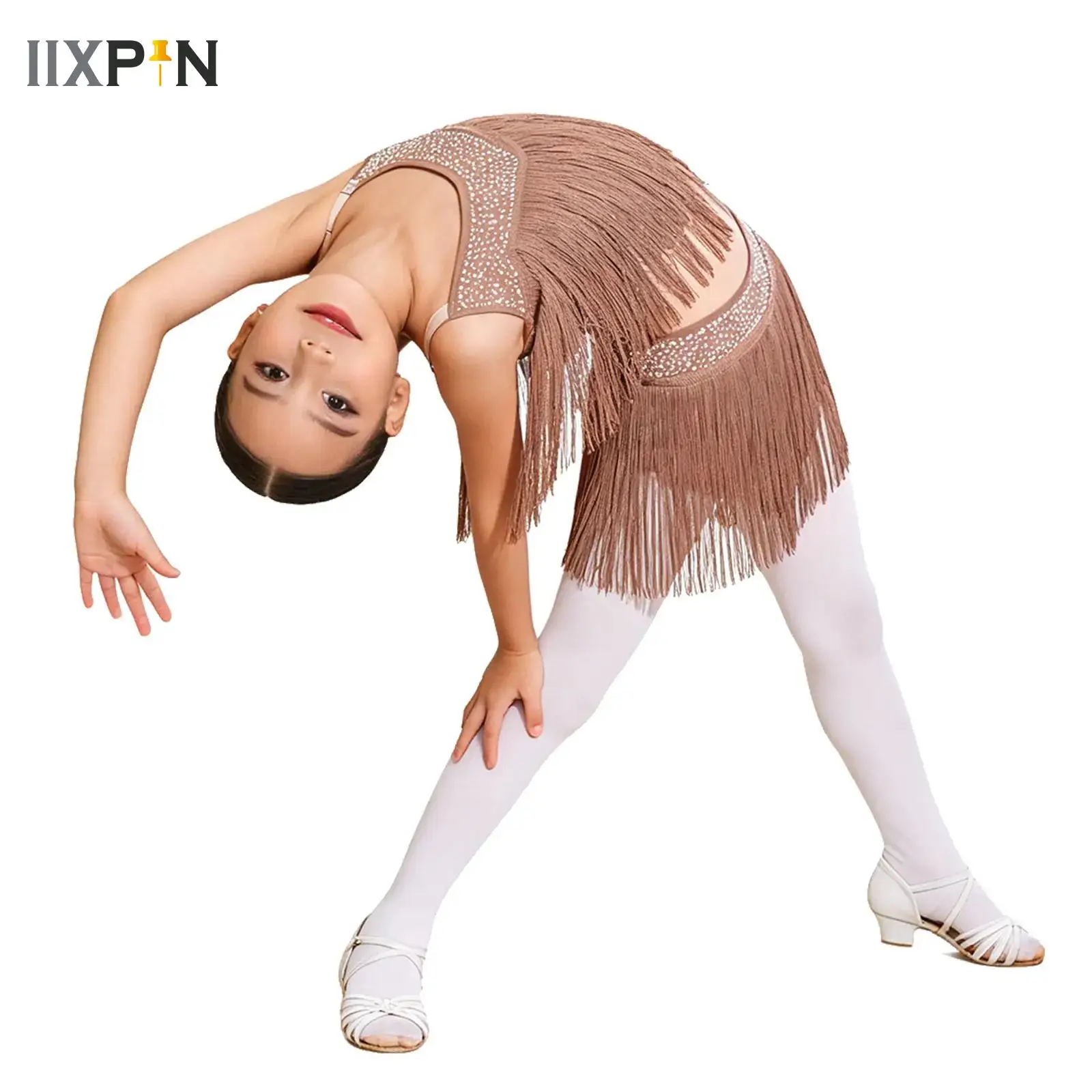 

Kids Girls Latin Dance Cha-cha Samba Salsa Competition Costume Rhinestones Fringe Leotard Dress Sleeveless Tassel Jumpsuit Dress
