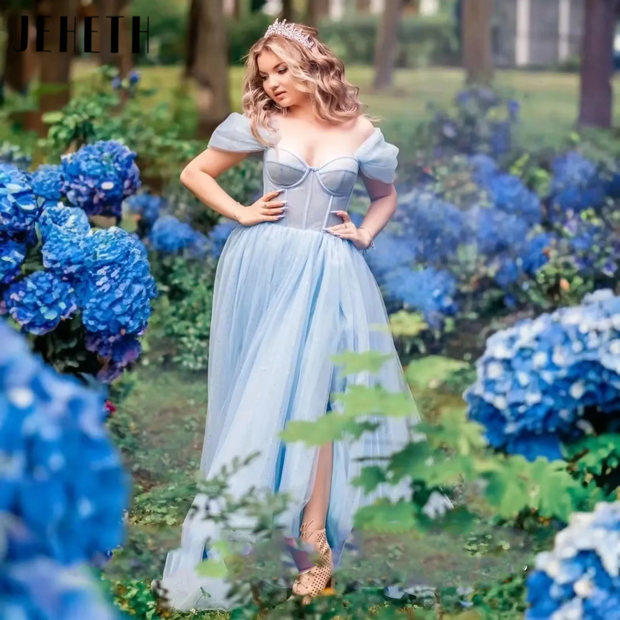 Prinses Blauw A-lijn Off Schouder Sweetheart Galajurk Glanzend Korset Lace up Tule Verjaardagsfeestje Jurk Quinceanera Gewaad Op maat