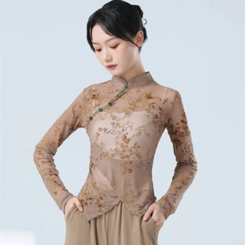 New Modern Short Cheongsam Flock Floral Gauze Top Long Sleeve Sexy Transparent Dancer Training Practice Wear High Collar Qipao