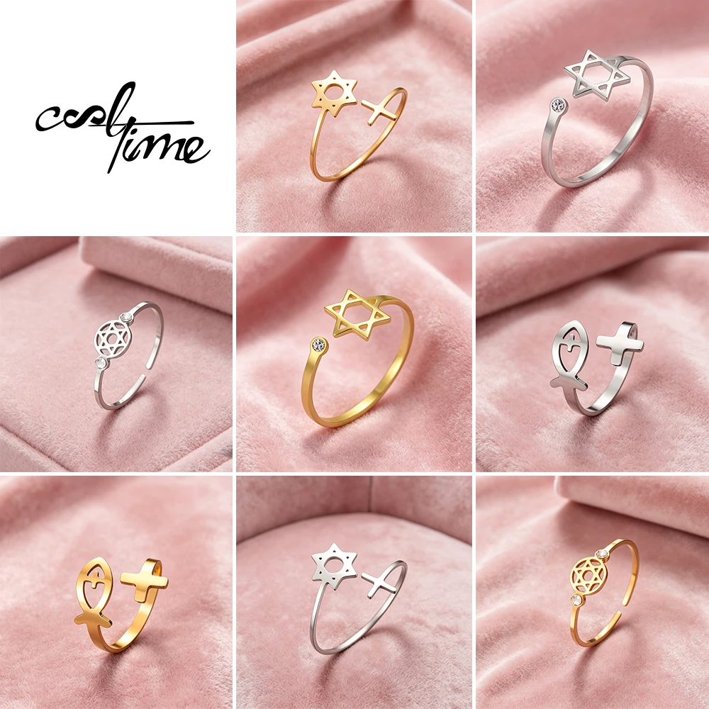CoolTime Minimalist Star of David Open Ring Gold Color Hexagram Zircon Amulet Protection Daily Wear Cross Jewelry For Women Gift