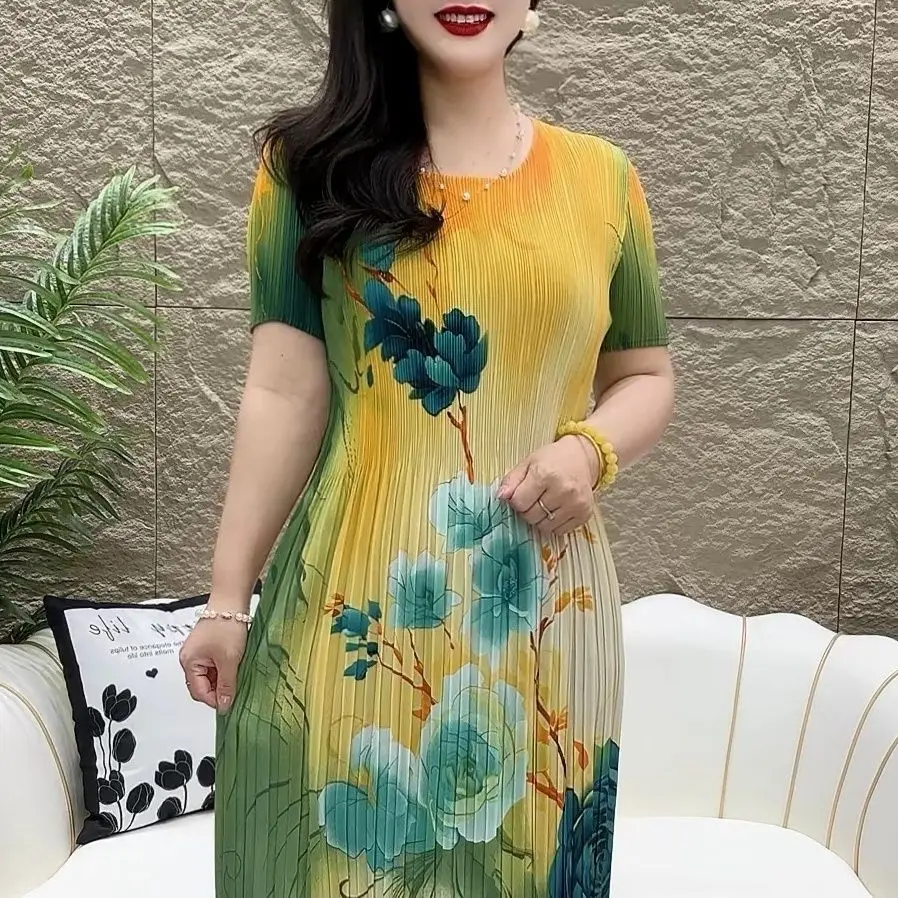 

New summer pleated dress short-sleeved printing fashion temperament loose large size thin mother pleated skirt