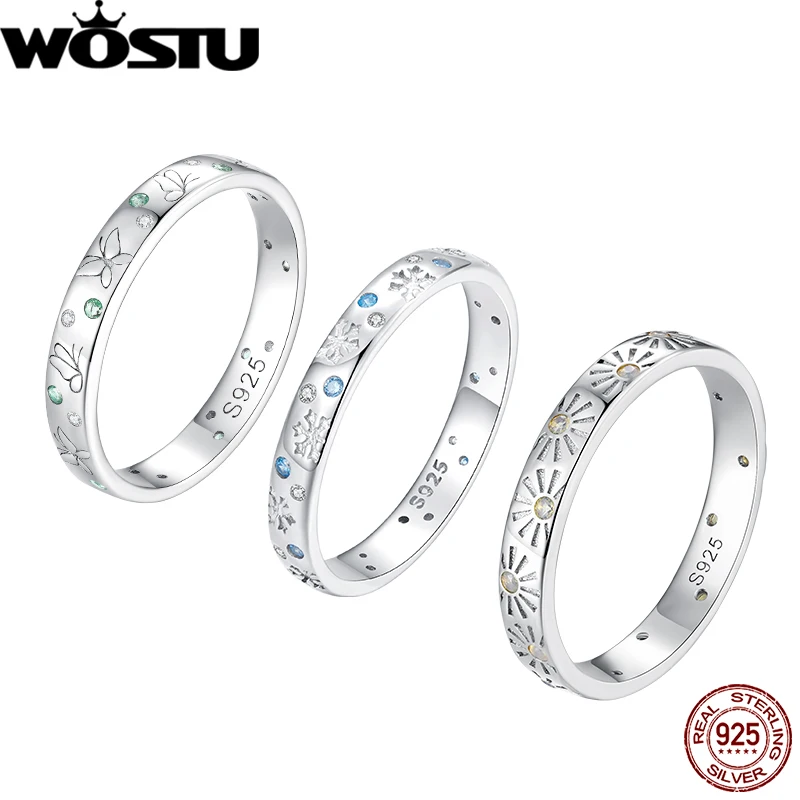 WOSTU 925 Sterling Silver Season Rings Snowflower Spring Butterfly Sunshine Zircon Band Rings For Women Anniversary Jewelry Gift