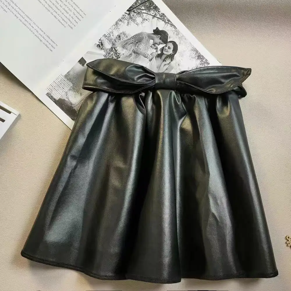 Super Cool Princess Skirt Girls Half Body Skirt Autumn and Winter Fashion Baby Black Leather Skirt Pleated Skirt Pu Short Skirt