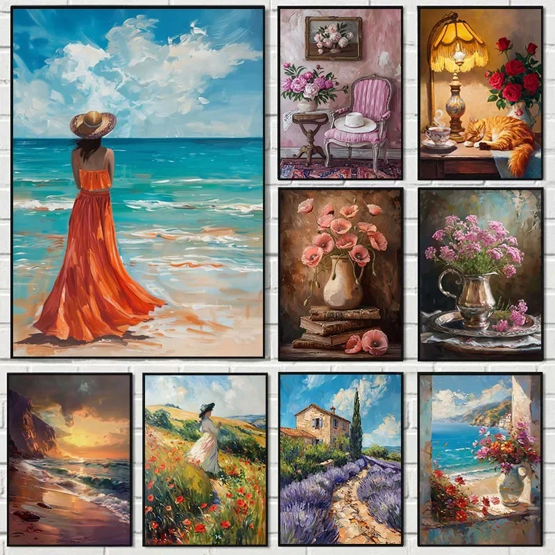 1pc frameless canvas painting 1pc frameless canvas Vintage Woman Flower Poster Countryside Landscape  Printing Wall Art Picture