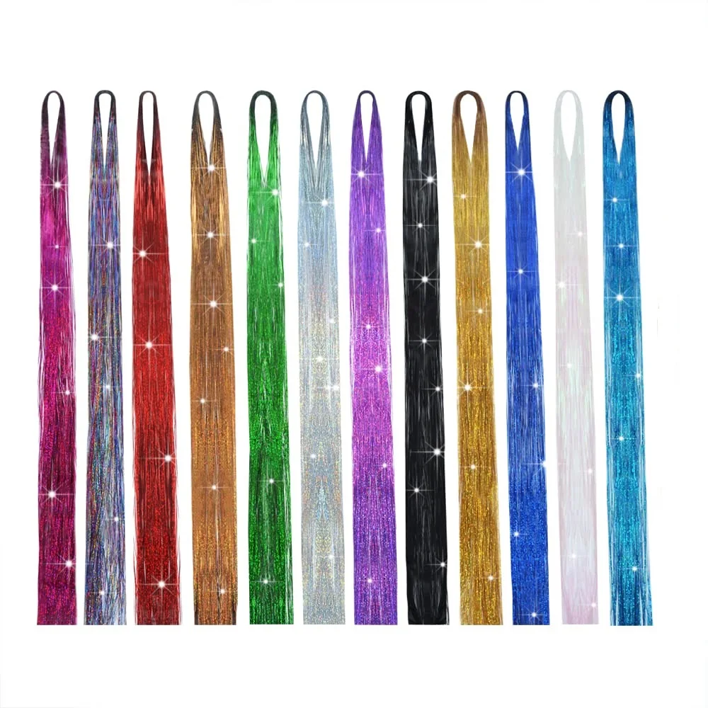 12 Colors Hair Tinsel Strands  47 Inch Colorful Sparkling Shiny Hair Extensions Tinsel