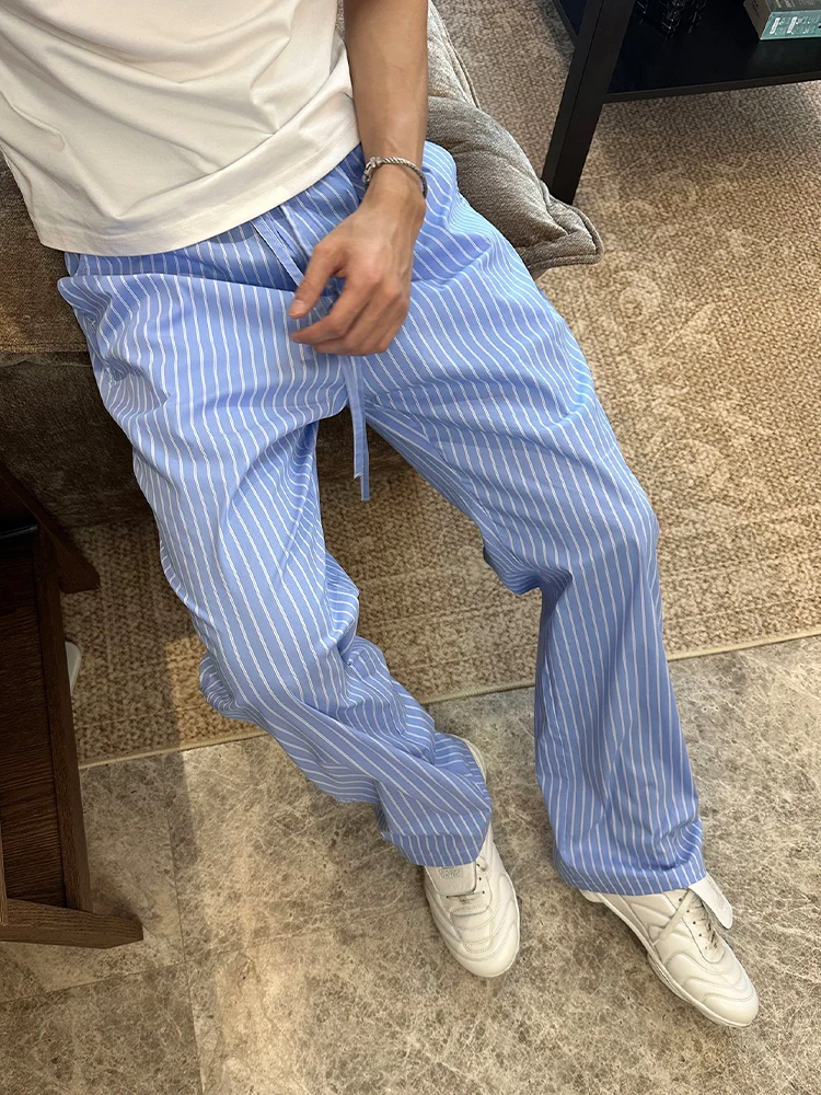 

Синие с белым американские повседневные брюки свободного кроя для мужчин, летние тонкие быстросохнущие прямые брюки в полоску, длинные джинсы прямого кроя