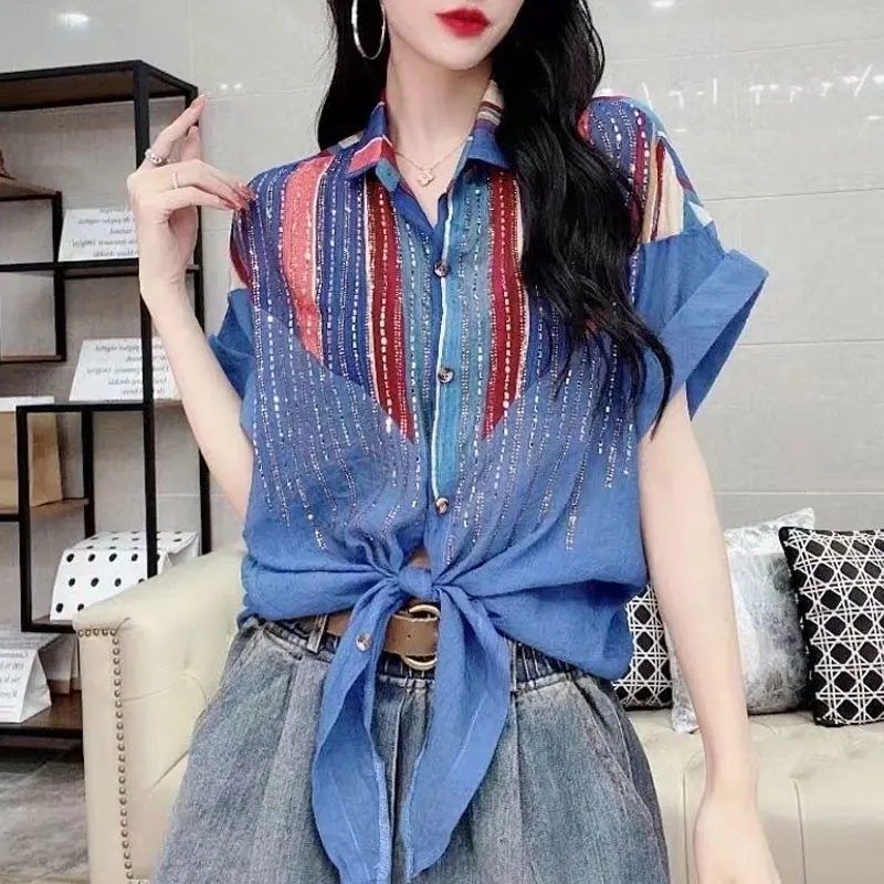 Office Lady Stylish Striped Patchwork Blouse Summer Elegant Bandage Bow Casual Lapel Single-breasted Female Chic Diamonds Shirt