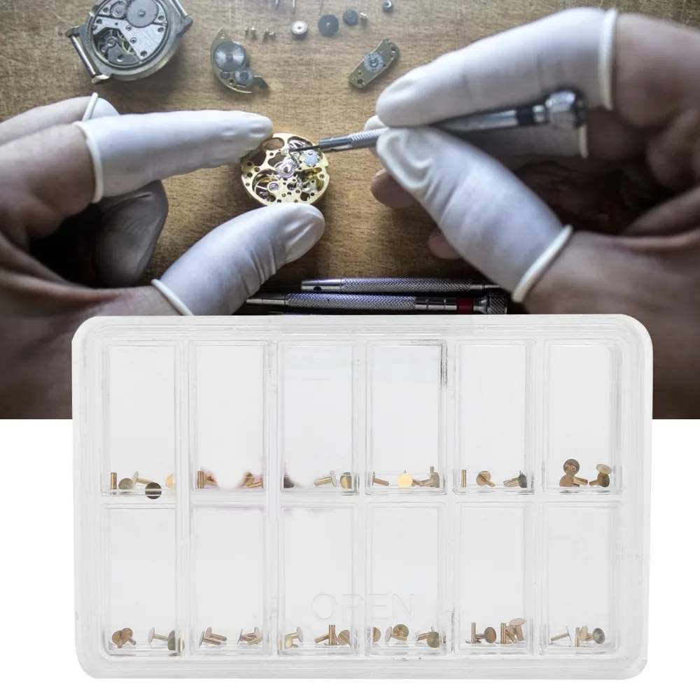 60pcs Copper Material Copper Watch Dial Feet 12-Size Assortment Multiple Compartments Box Watch Dial Feet Assortment