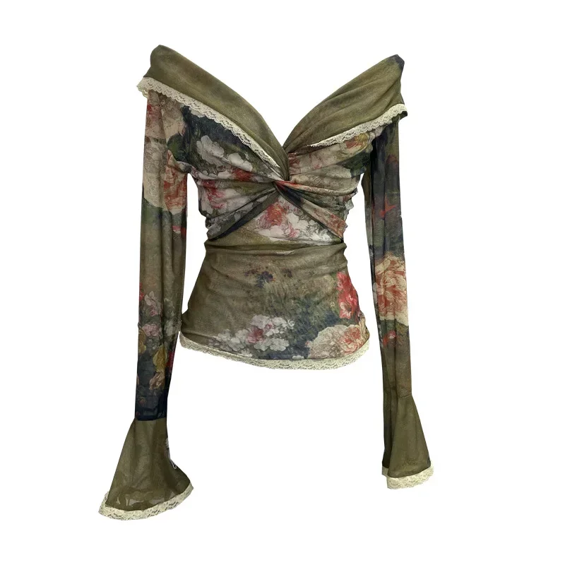 Vintage Oil Painting Printed Women T-Shirt Harajuku Tie-Dye Slash Neck Pleated Top Korean Chic Long Sleeve Lapel Tees New