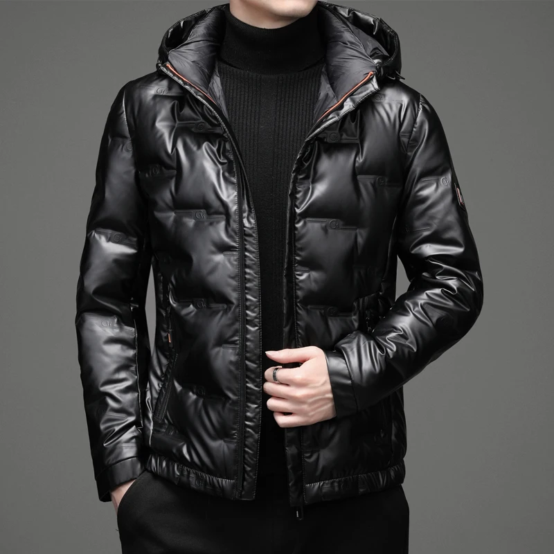 Winter New Men\'s Solid Shiny Hooded White Duck Down Jackets Outwear Waterproof Bright Hat Detachable Thick Warm Top Puffer Coats