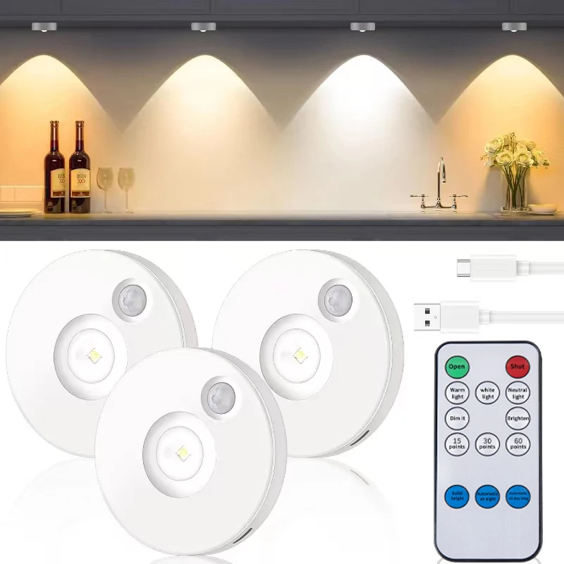 

LED Closet Lights Wireless Motion Sensor Puck Light with Remote Control, Rechargeable Dimmable Under Cabinet Indoor Lighting