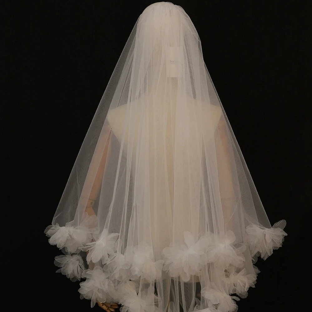 New Bridal Veil with Iris Flowers Two Layers Short Wedding Veil Customized