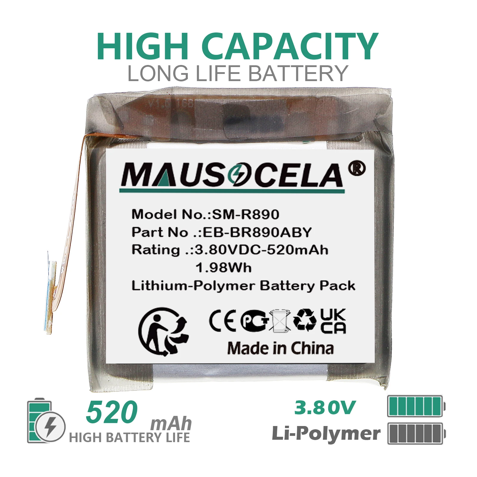 

520mAh Smartwatch Battery For Samsung:EB-BR870ABY,EB-BR890ABY,GH43-05066A,SM-R890,SM-R870,SM-R875,SM-R890NZKCXAA,Galaxy Watch4 C