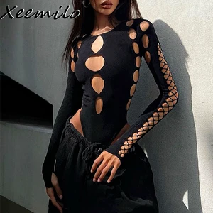 Xeemilo sexy dot hollow out bodysuit y2k Gothic punk long sleeves bodycon female t -shirt autumn streetwear bodice thin bodysuits 8 Main Sales Body Long Sleeve - №7