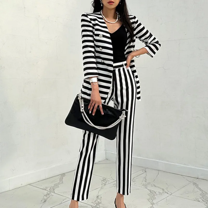 

Chic Stripped Two Piece Sets Women Korean Fashion Streetwear Long Sleeve Jacket and Pants Lady Elegant Womens Pant Sets