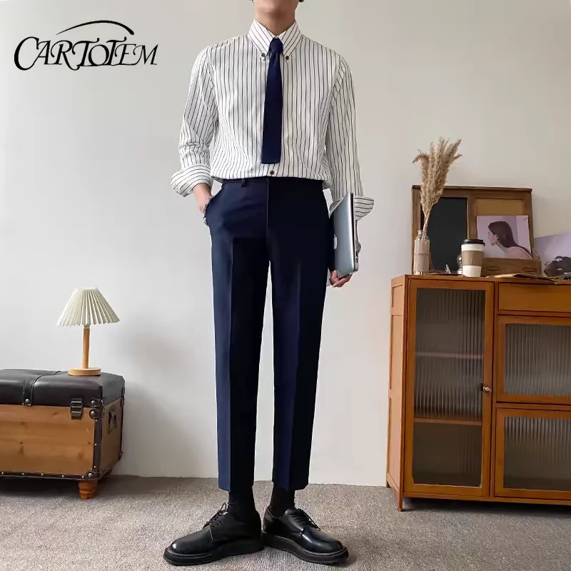 

Рубашка в стиле ретро, полосатая приталенная мужская деловая повседневная корейская рубашка с длинными рукавами, топ