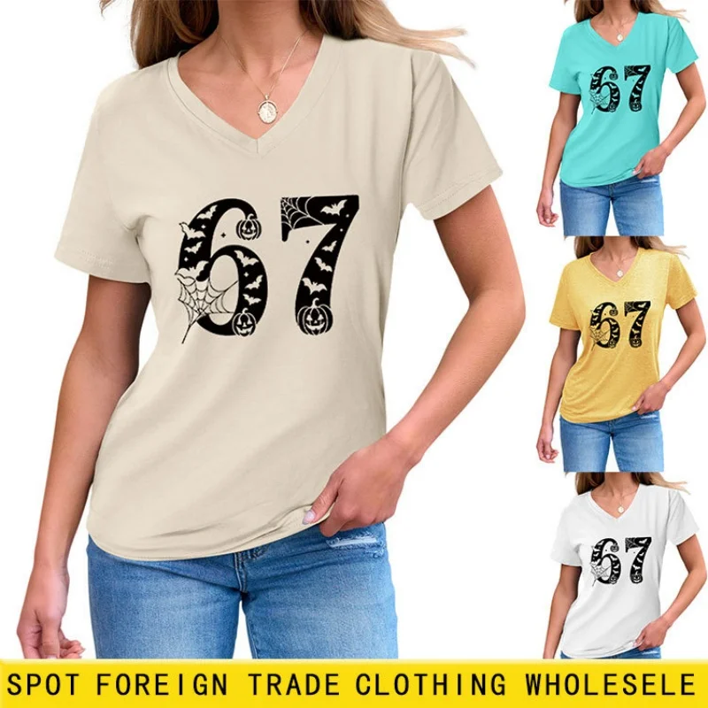 

Летняя удобная и универсальная женская повседневная футболка с V-образным вырезом и креативным цифровым принтом, с короткими рукавами.
