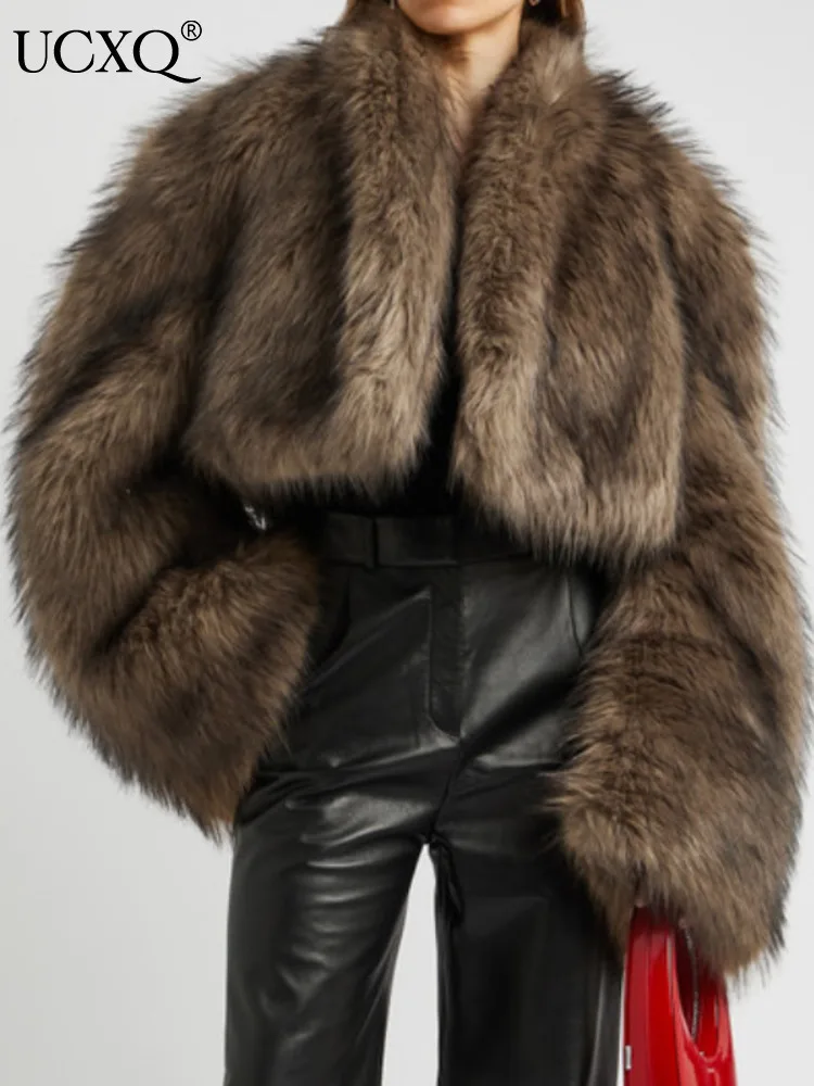 UCXQ Vinatge Faux Fur Coat European Style V-neck Loose All Match Temperament Elegant Warm Jacket Women 2024 Autumn Winter C1908
