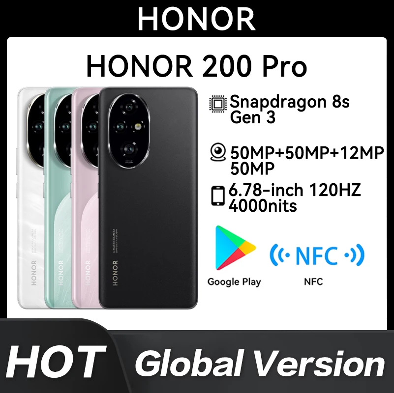 

New Original Global Version Huawei Honor 200 Pro Snapdragon 8s Gen 3 6.78'' 120Hz AMOLED 50MP 5200mAh 100W NFC HONOR