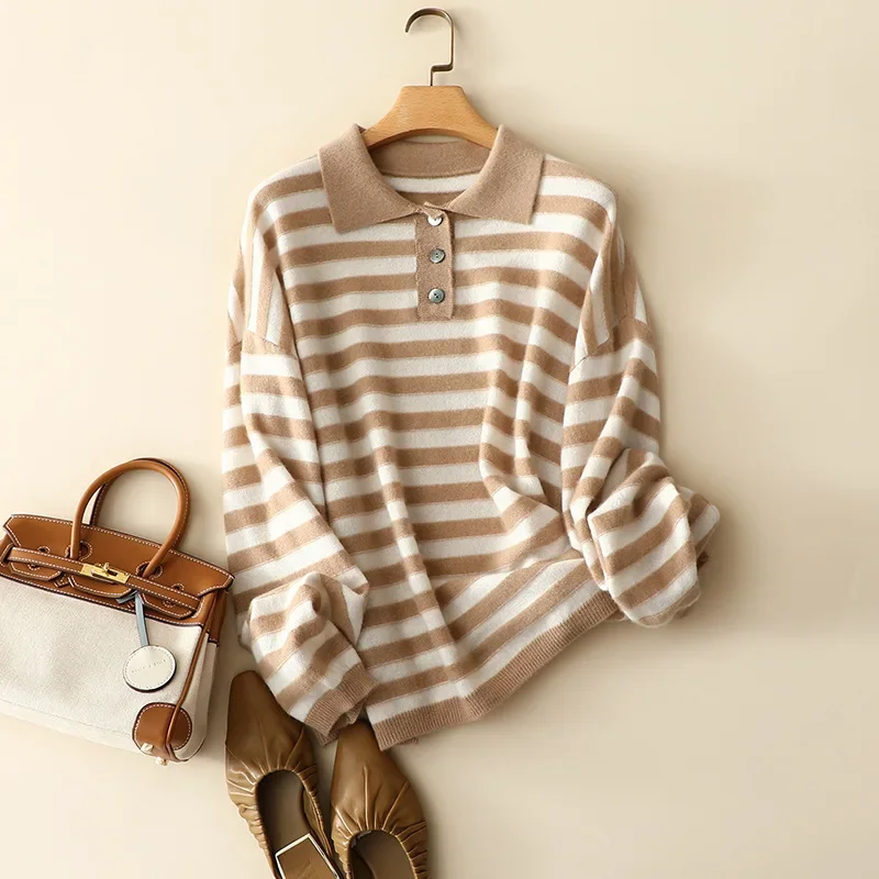 

europe fashion 100% cashmere striped sweater women half buttons oversized pullovers female knitted stylish knitwear