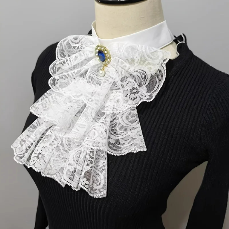 A retro-style faux collar, lace edge collar lining skirt, woven courtly La Fayette bow tie, hand wash or dry clean only.