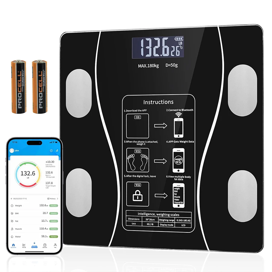 Smart Body Fat Scale with LED Display-digital Bathroom Scale with bluetooth, Accurate Body Composition, Muscle Mass, IMC and Body Water Analysis