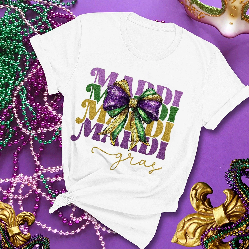 Mardi Gras Bow Print Women Shirt Mardi Gras Female Outfit Girls Carnival T-shirt Tee Holiday Bleached Short Sleeve Tops Shirts