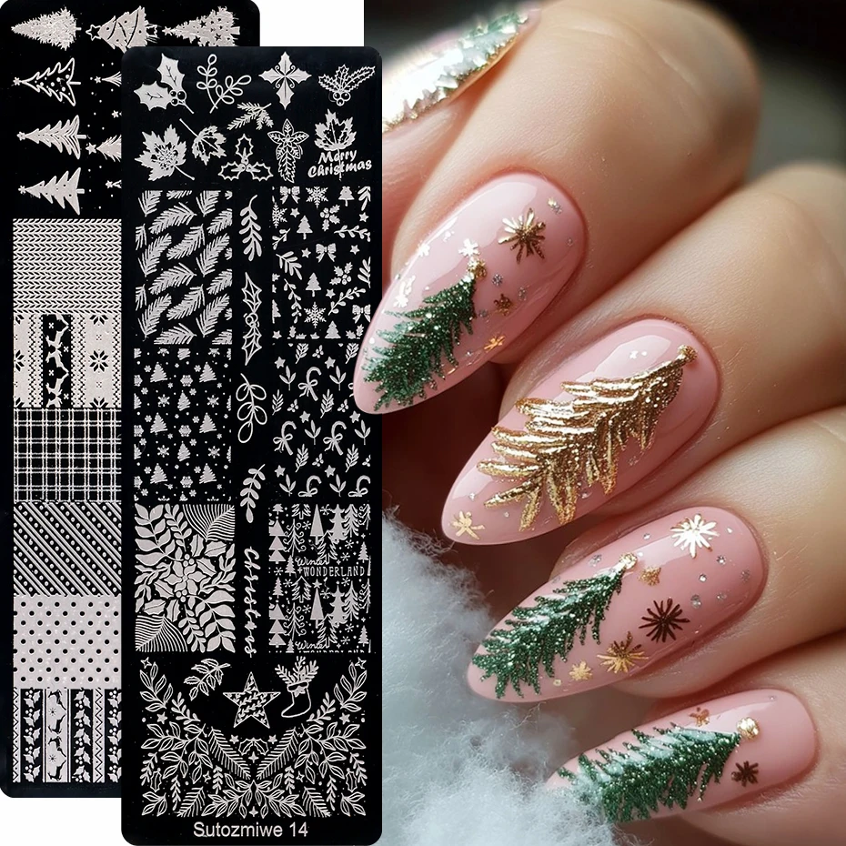 1/2 pcs Christmas Trees Nail Stamping Plate Winter Leaves Bohemia Polka Points Plaid Nail Template DIY Xmas Nail Molds Tools