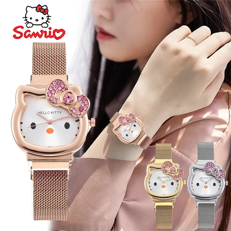 Sanrio Hello Kitty Watch Metal Vintage Diamond Bow Woman Watch Cute Girls Quartz Casual Fashion Watch Children's Birthday Gifts