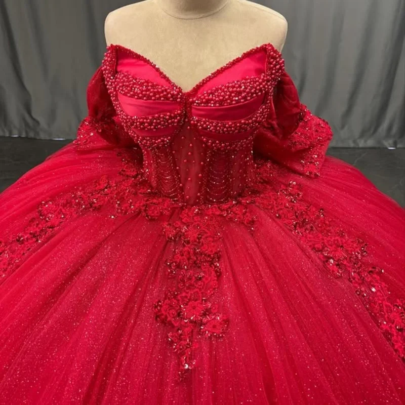 

Shiny Red Quinceanera Dress off-shoulder crystal glitter pearl Decal Long tail Bow Vestidos De 15 Quinceanera ﻿Customize