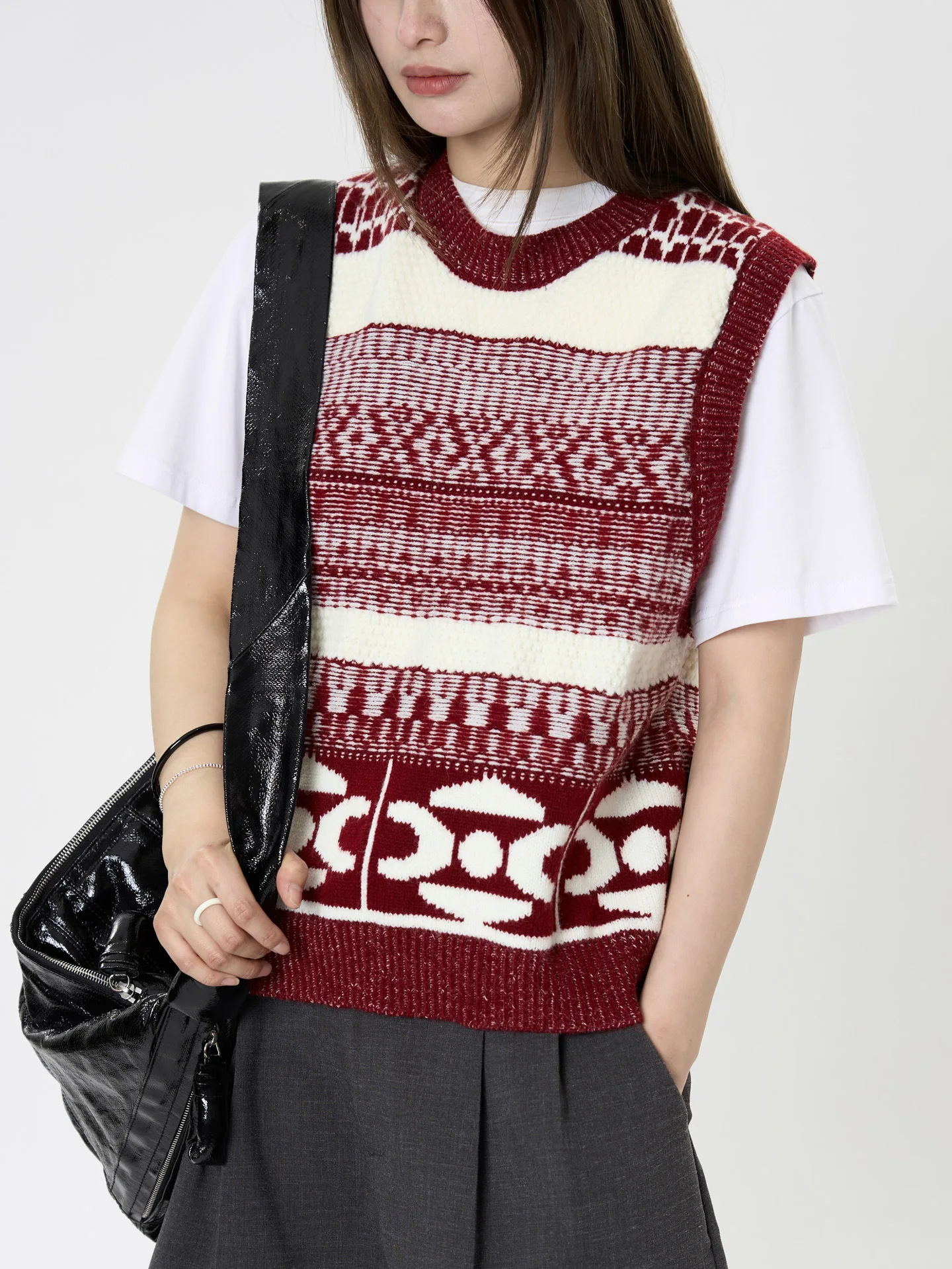 Primavera e outono feminino casual padrão geométrico em torno do pescoço solto colete de malha