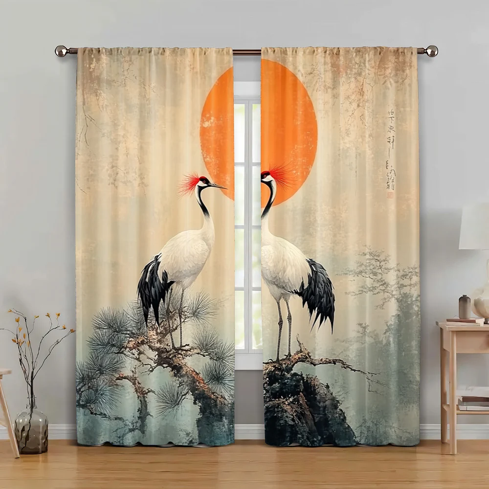 

2pc, Window Drapes Japanese style swan with tranquil scenery and sunset Protecting Privacy Versatile Suitable for Hotel