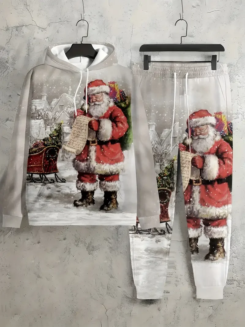 Nowe świąteczne męskie bluzy z kapturem i spodniami Garnitur 3D Brzydki Święty Mikołaj Nadruk Xmas Dwuczęściowy dres dla dorosłych Casualowe bluzy Joggery Zestawy