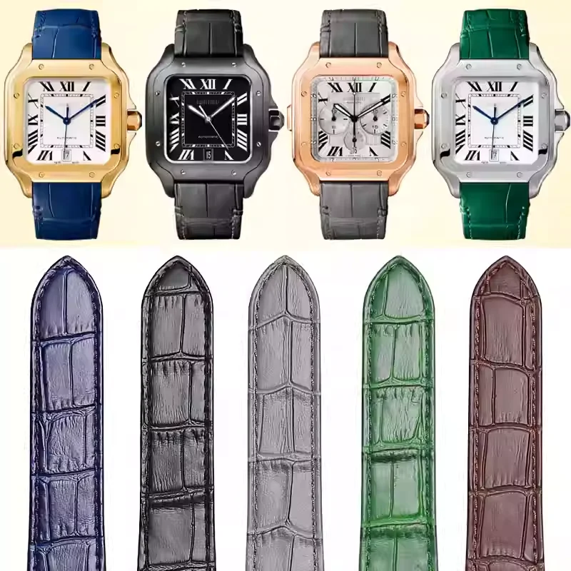 Quick release Bamboo grain genuine cowhide leather watchband for CARTIER Santos stainless steel joint watch strap bracelet