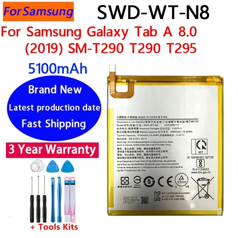 Brand New SWD-WT-N8 Replacement Battery 5100mAhFor Samsung Galaxy Tab A 8.0 2019 SM-T290 T290 T295 High Quality Batterie+Tools