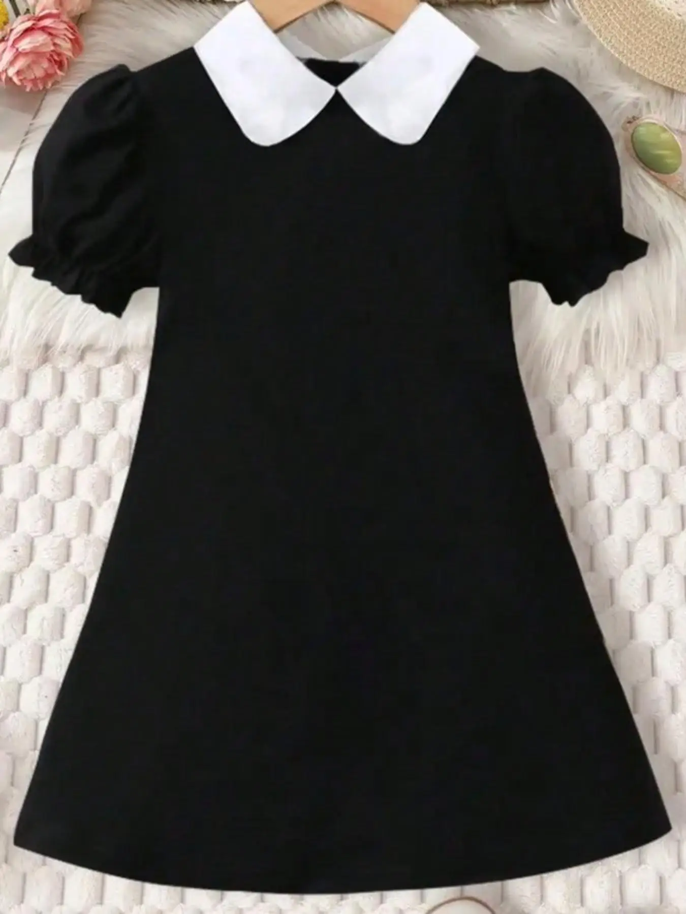 Mädchen Prinzessinnenkleid mit Peter-Pan-Kragen und Puffärmeln, A-Linie Freizeitkleid für Schule und Partys – Detail 7