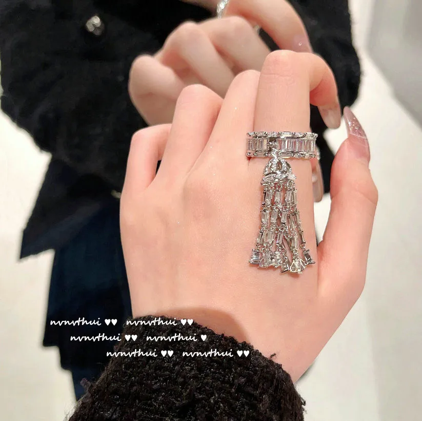 Water Drop Gem Retro Jinshan Camellia Zircon Tassel Ring