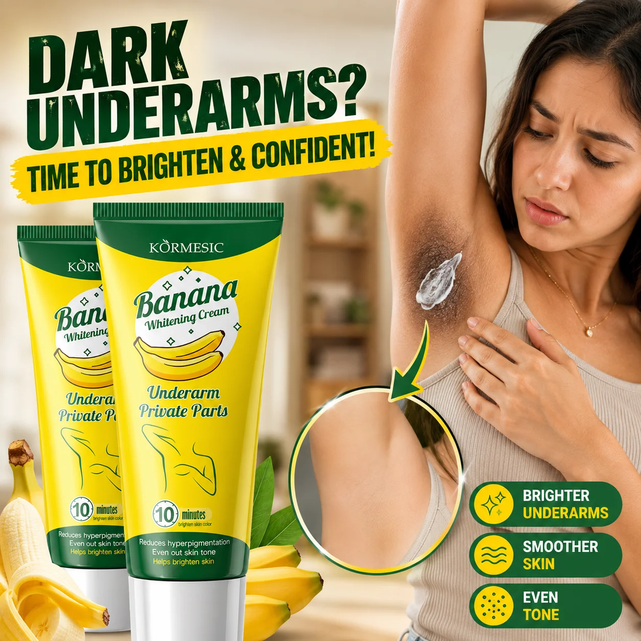 Banana Underarm Whitening Cream Dark Spot Corrector, Body Brightening Cream for Armpit Elbow Knee Neck Inner Thigh Skin Care