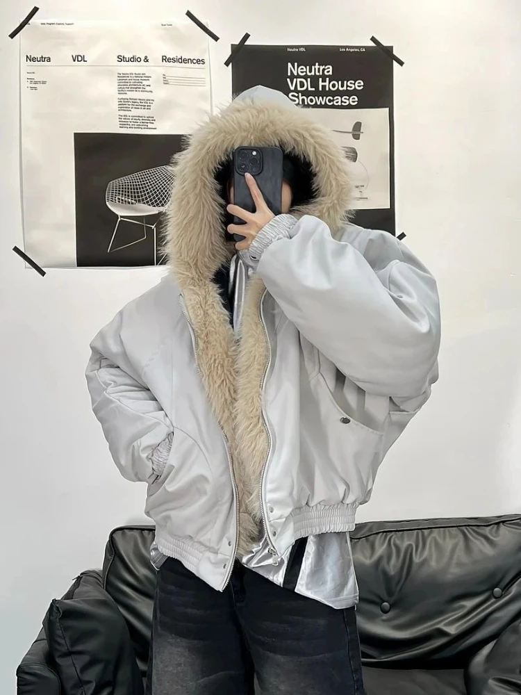 Streetwear Vintage Faux Fur Collar Zip Up Puffer Jacket Women Loose Fit Thick Warm Winter Coat Elastic Cuffs Casual Outfit 2026