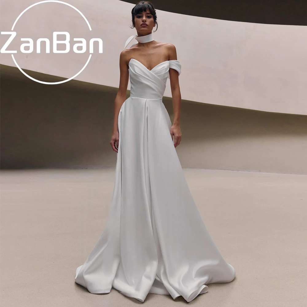 ZanBan Customized Simple Wedding Dresses Sweetheart A-line Bridal Growns Detachable Off Shoulder Straps Pleated Vestidos De Nov